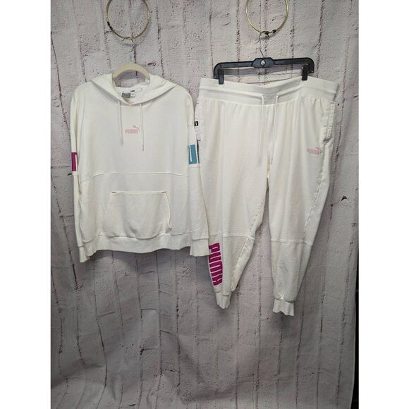 Puma Active Tracksuit Set White Long Sleeve Hoodie 2X‎ Crop Pants Joggers Sz 3X - Picture 1 of 12
